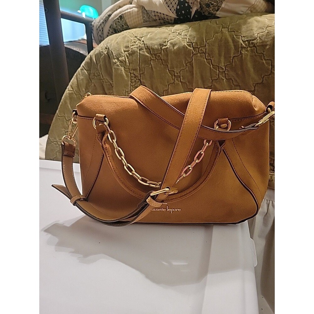 Nanette Lepore Camel Tan Faux Suede Gold Tone Crossbody Chain Handbag Purse